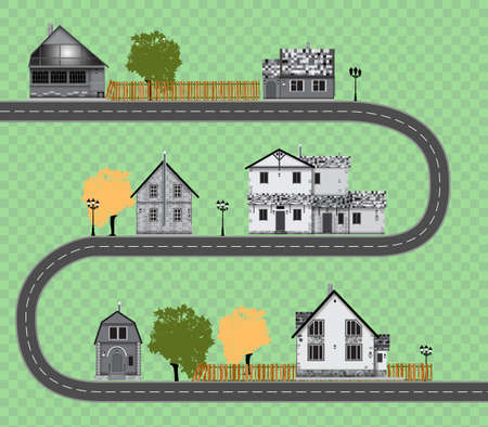 Assorted cute houses collection on transparent background.road vectorのイラスト素材