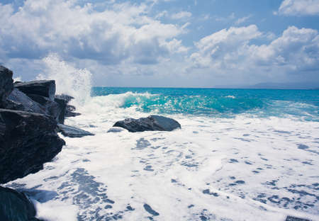 Wawe splashes sea storm horizonの写真素材