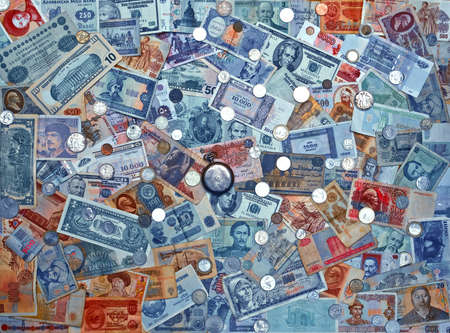 Colorful old World Paper Money background coins .の写真素材