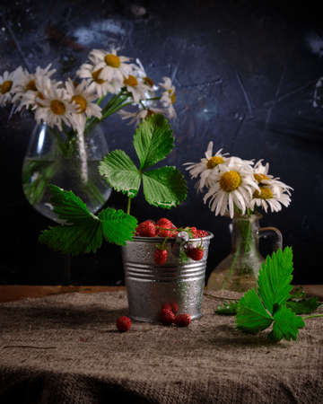 Bouquet from a camomile and wild strawberryの写真素材