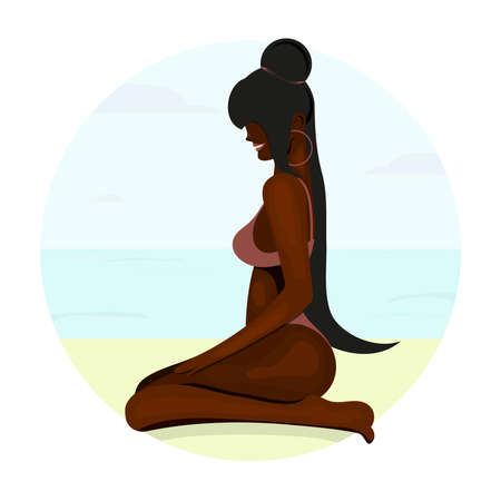 Cute Afro American girl sitting on sand. flat vector illustration.のイラスト素材