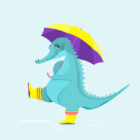 Ð¡ute crocodile in rubber boots walks through puddles with an umbrella. flat vector illustration.のイラスト素材