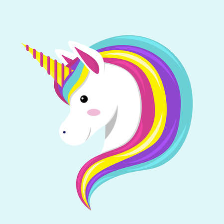Unicorn head with rainbow mane and yellow horn. Vector illustration on blue background.のイラスト素材