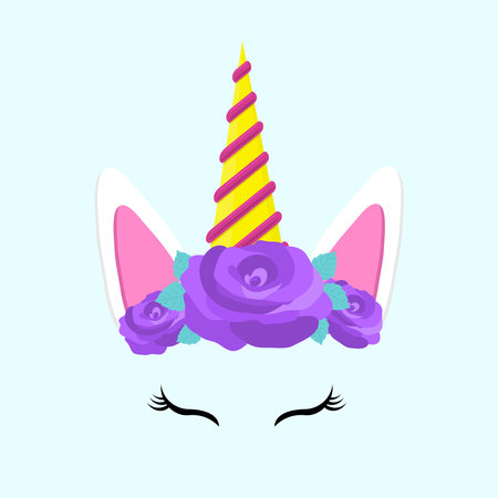 Cute unicorn face. Funny character with flowers. Colorful vector illustration isolated on blue background.のイラスト素材