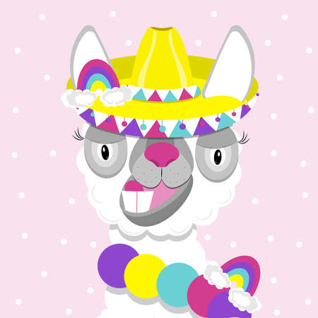 Funny lama alpaca portrait on pink background. Flat image of cute and funny animals.のイラスト素材