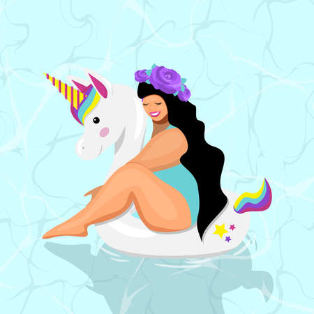 Ð¡ute girl on an inflatable unicorn in the pool. flat vector illustration.のイラスト素材