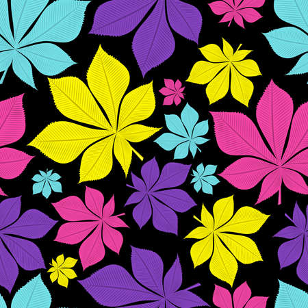 Seamless pattern of multicolored chestnut leaves on black background. vector illustration.のイラスト素材