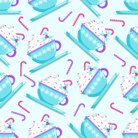 Pattern of blue mug of hot cocoa or coffee with whipped cream and sprinkles. flat vector illustration.のイラスト素材