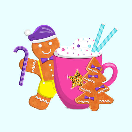 Christmas and winter holidays drinks and cookies, gingerbread man. flat vector illustration.のイラスト素材
