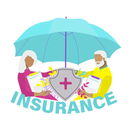 Medical and health insurance concept for well-being of the elderly. Senior couples with an insurance policy and protective umbrella. Flat vector illustration.のイラスト素材