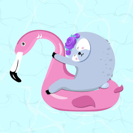 Ð¡ute sloth on flamingo float rings. flat vector illustration.のイラスト素材