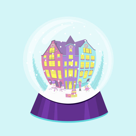 Crystal ball, Christmas houses with Christmas tree, falling snow, holiday decorations, flat vector illustration.のイラスト素材