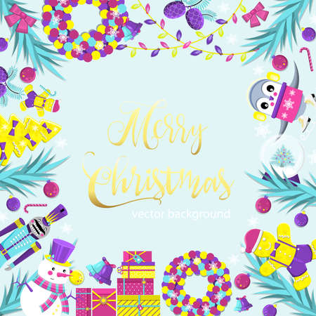 square frame. Christmas card with New Year's attributes. Flat vector illustration.のイラスト素材