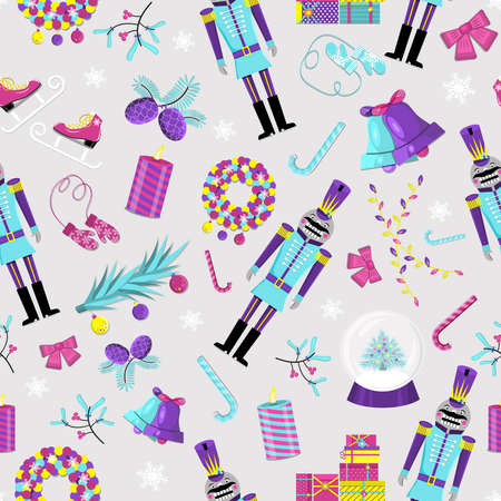 Pattern of nutcracker and Christmas attributes. Flat vector illustration.のイラスト素材