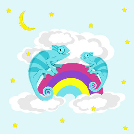 Chameleons walking on rainbow. flat vector illustration.のイラスト素材