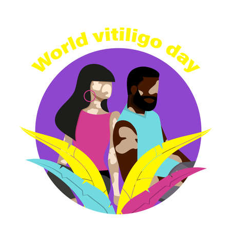 World vitiligo day. Couple silhouette with vitiligo of different nationalities standing together....