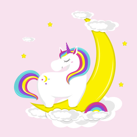 Cute unicorn stands on moon. flat vector illustration.のイラスト素材