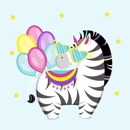 Cute little zebra with glasses and balls. flat vector illustration.のイラスト素材