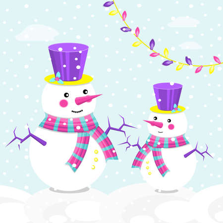 Snowmans in wintertime. flat vector illustration.のイラスト素材