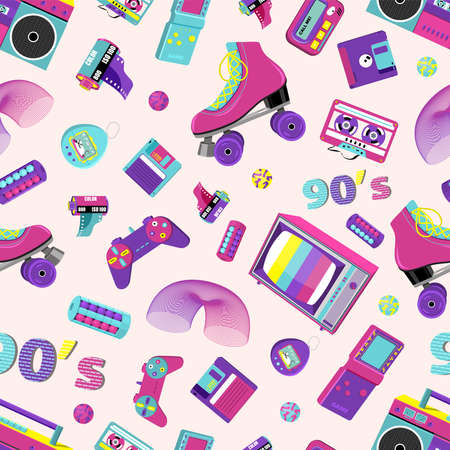 Seamless pattern with retro badges with roller skates, cassette players and other items in colorful...