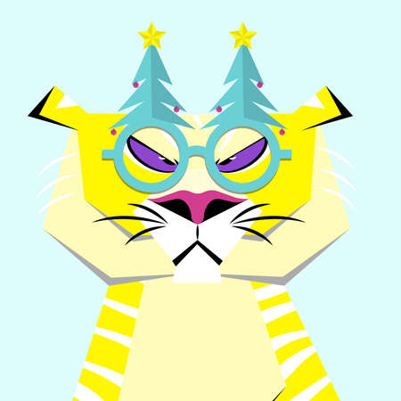 Roaring tiger with glasses in the form of a tree. symbol of 2022. flat vector illustration.のイラスト素材