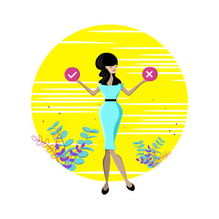 Girl holding signs to approve or reject. flat vector illustration.のイラスト素材