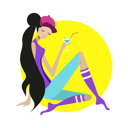 Ð¡ute girl drinking cocktail. vector illustration.のイラスト素材