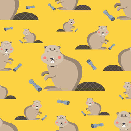 Cute beaver in flat style on yellow background. vector illustration.のイラスト素材