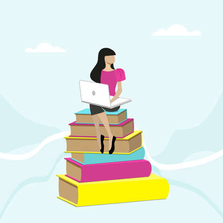 Girl sitting on pile of books with laptop. Flat illustration of e learning and tutorial concept.のイラスト素材