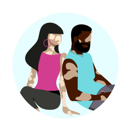 Couple silhouette with vitiligo of different nationalities standing together. flat vector illustration.のイラスト素材