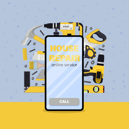 Home house repair tool at phone. online service. vector illustration.のイラスト素材