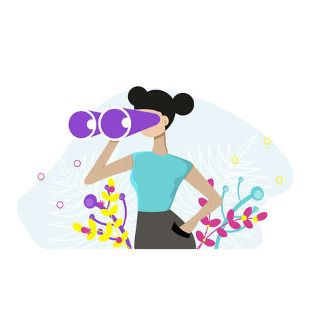 Woman holding huge binocular and looking far ahead. Vector illustration for observation, discovery, future concept. Flat vector illustration.のイラスト素材