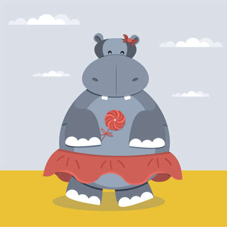 Cute funny hippo girl character in pink skirt and holding lollipop. vector illustration.のイラスト素材