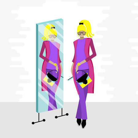fashionable girl looking in the mirror. flat vector illustration.のイラスト素材