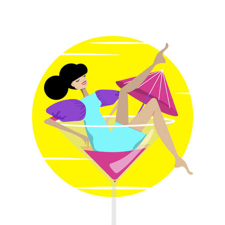Ð¡ute girl sit on high cocktail glass. vector illustration.のイラスト素材
