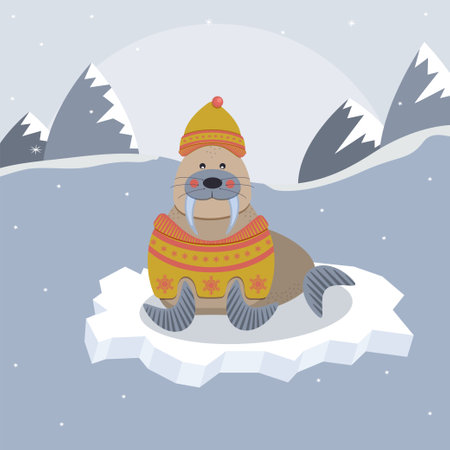 Cute walrus in yellow sweater sitting on iceberg. vector illustration.のイラスト素材
