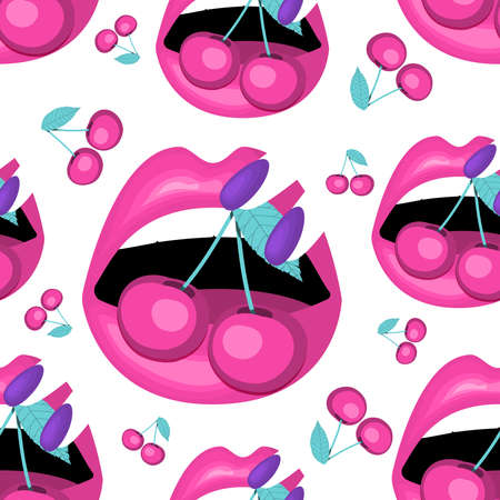 Women's enjoying fresh cherry. Open mouth, pink lips, eating berry. flat vector illustration.のイラスト素材