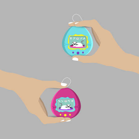 Hand holding console game. Nostalgia, old school music, retro technology design, vintage music shop concept. vector illustration.のイラスト素材