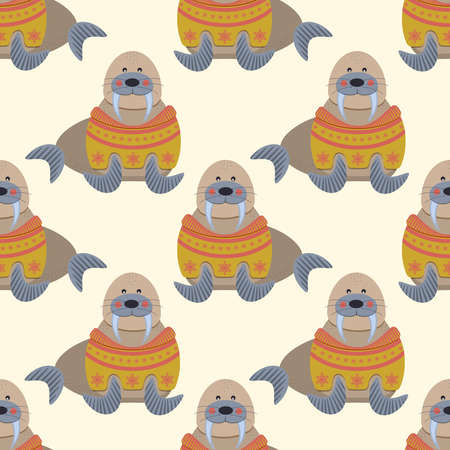 Pattern of cute walrus in yellow sweater. vector illustration.のイラスト素材