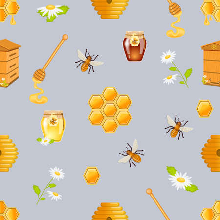 Vector seamless pattern with bees, honeycomb, chamomile flowers, leaves.のイラスト素材