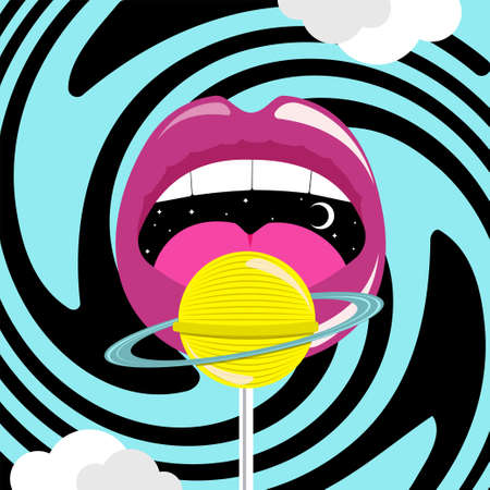 Lips with lolipop in form of planet. vector illustration.のイラスト素材
