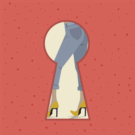 Someone peeping through keyhole. Women's legs in jeans and fashionable high heel shoes. vector illustration.のイラスト素材