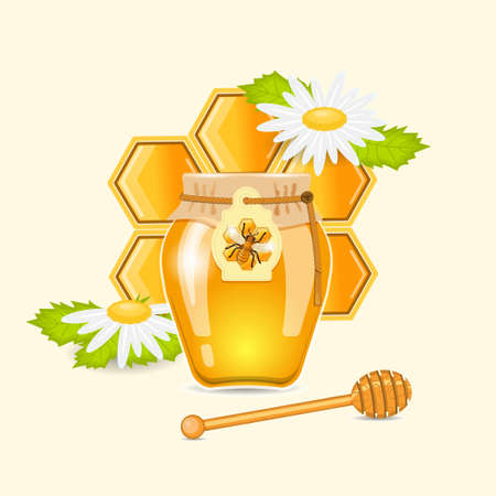 Glass jar with honey and chamomile flowers. vector illustration.のイラスト素材