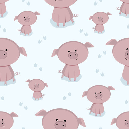 Pattern of pink pig on blue background. vector illustration.のイラスト素材