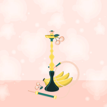Hookah with banana and cherry with smoke. Flat vector illustration.