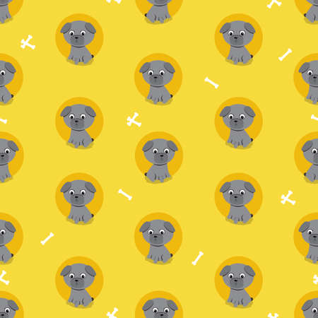Pattern of cute dogs of pug breed with bones. vector illustration.のイラスト素材