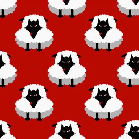 Paffern of wolfs in sheep's clothings on red background.のイラスト素材