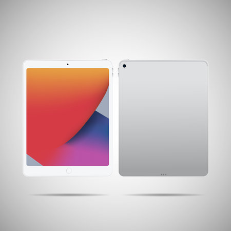 Realistic tablet PC. Vector illustration in trendy thin frame design with front and back side view.のイラスト素材