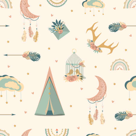 Boho pattern with feathers, dream catchers and rainbows. flat vector illustration.のイラスト素材