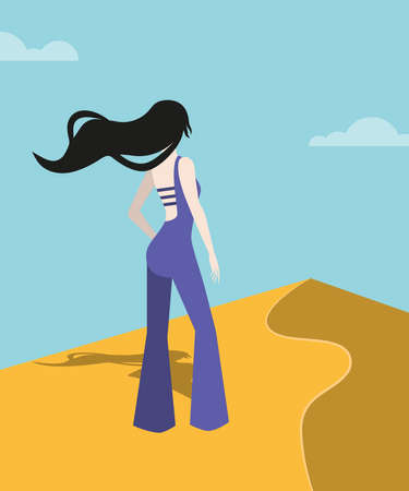 Girl walks along the dunes, sand.vector illustration.のイラスト素材
